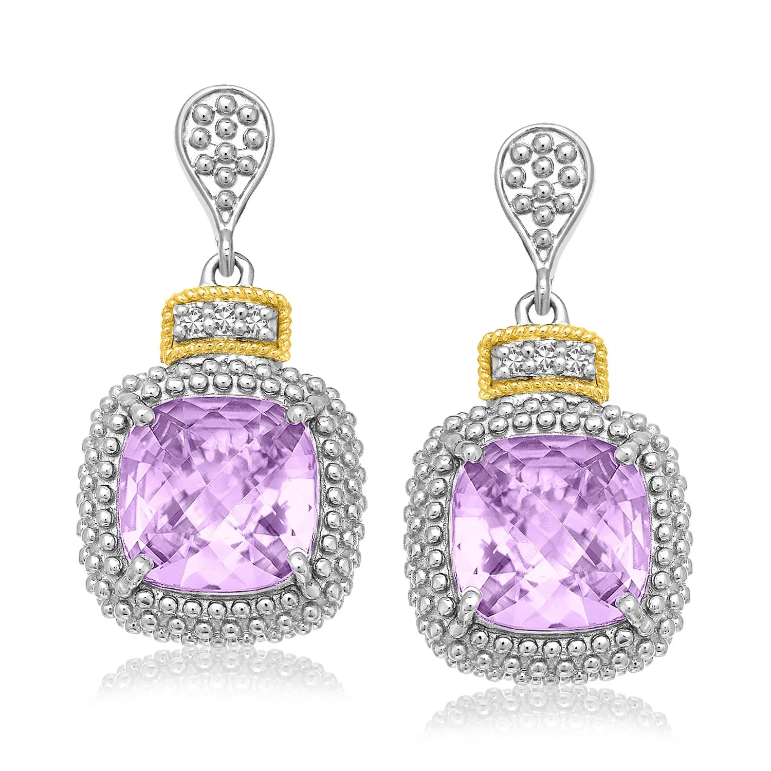18k Yellow Gold & Sterling Silver Cushion Amethyst & Diamond Earrings (.05cttw) - Grocery