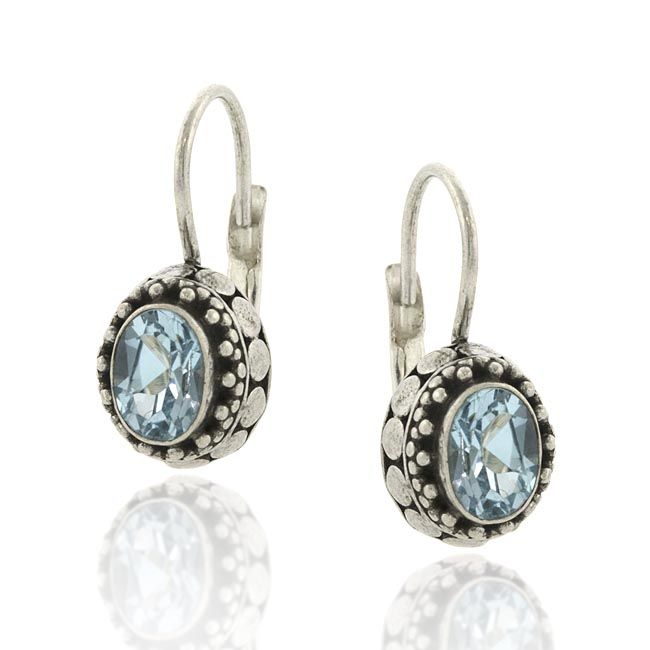Sterling Silver Genuine Blue Topaz Stone Bali Bead Oval LeverBack Lever Back Earrings - Grocery