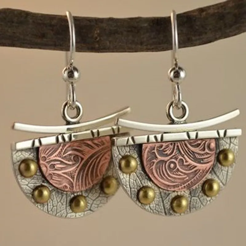 Vintage Semicircle Fan-Shaped Metal Carving Pattern Drop Dangle Earrings Personality Design 1Pair - Grocery