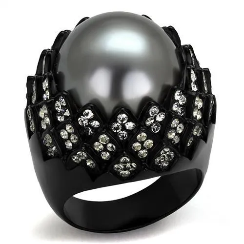 TK2483 - IP Black(Ion Plating) Stainless Steel Ring with Synthetic Pearl in Gray - Grocery