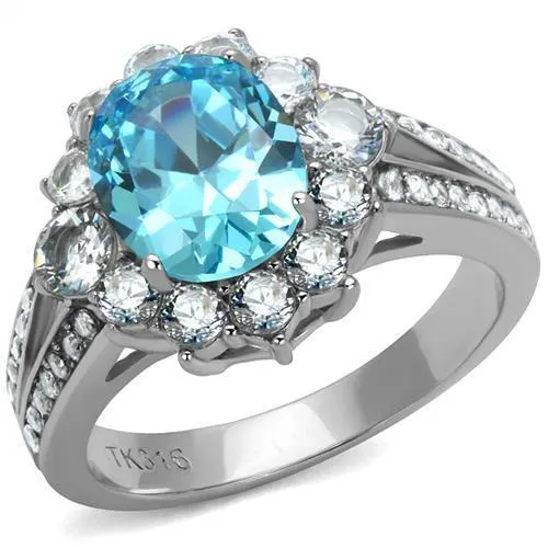 TK2977 - High polished (no plating) Stainless Steel Ring with AAA Grade CZ in Sea Blue - Grocery