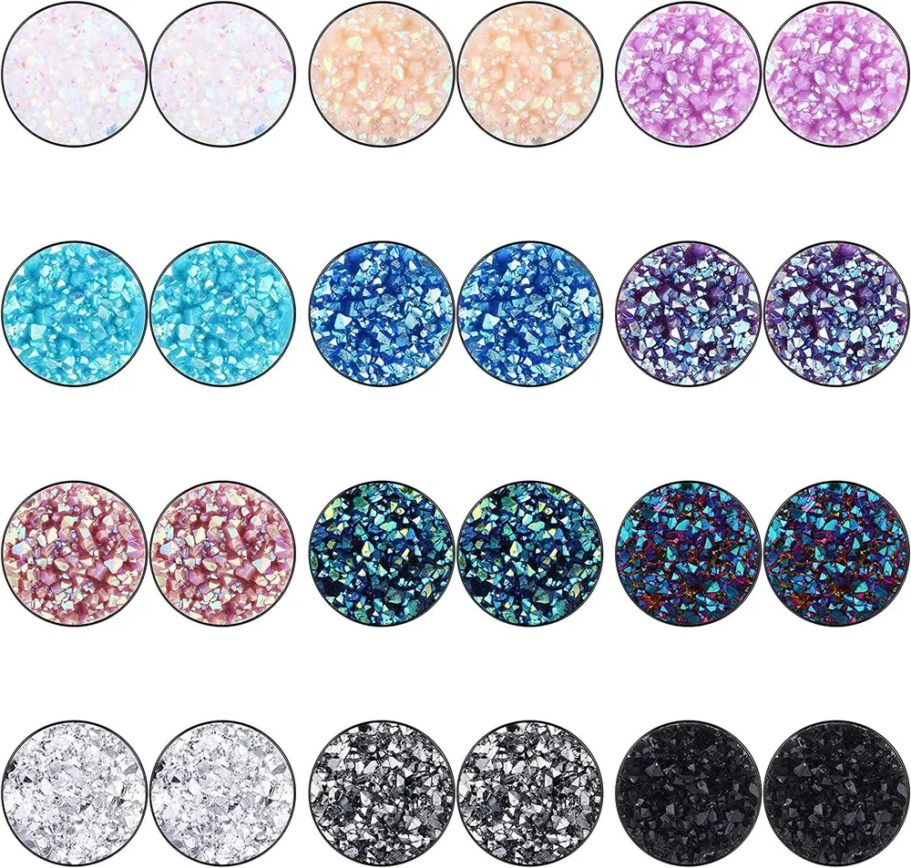 12 Pairs Fake Gauges Earrings for Women Men Stainless Druzy Stud Earrings Cheater Faux Plugs Ear Tunnel 16G - Grocery