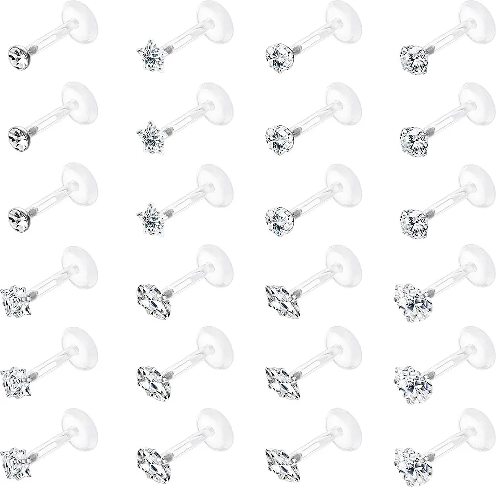 16G Forward Helix Cartilage Tragus Earring Studs Internal Threaded Labret Monroe Lip Rings Stainless Clear Acrylic Barbell Piercing Set - Grocery