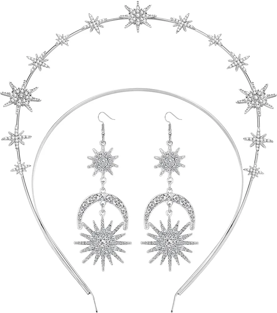 Star Halo Crown Sun and Moon Earrings for Women Halo Tiaras Goddess Crown Headband Bridal Wedding Halloween Headpiece - Grocery