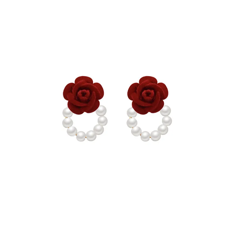 Silver Pin Flocking Wine Red Rose Earrings - Grocery