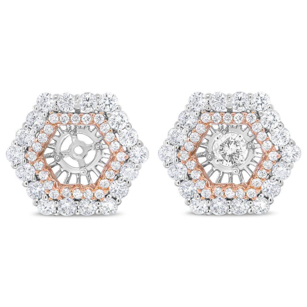 14K Rose and White Gold 1 7/8 Cttw Round Diamond Double Halo Earring Jacket for 6mm Round Studs (G-H Color, VS2-SI1 Clarity) - Grocery