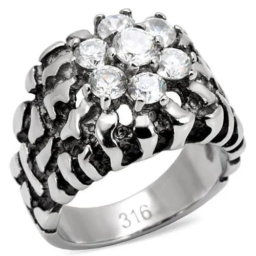 TK125 - High polished (no plating) Stainless Steel Ring with AAA Grade CZ in Clear - Grocery