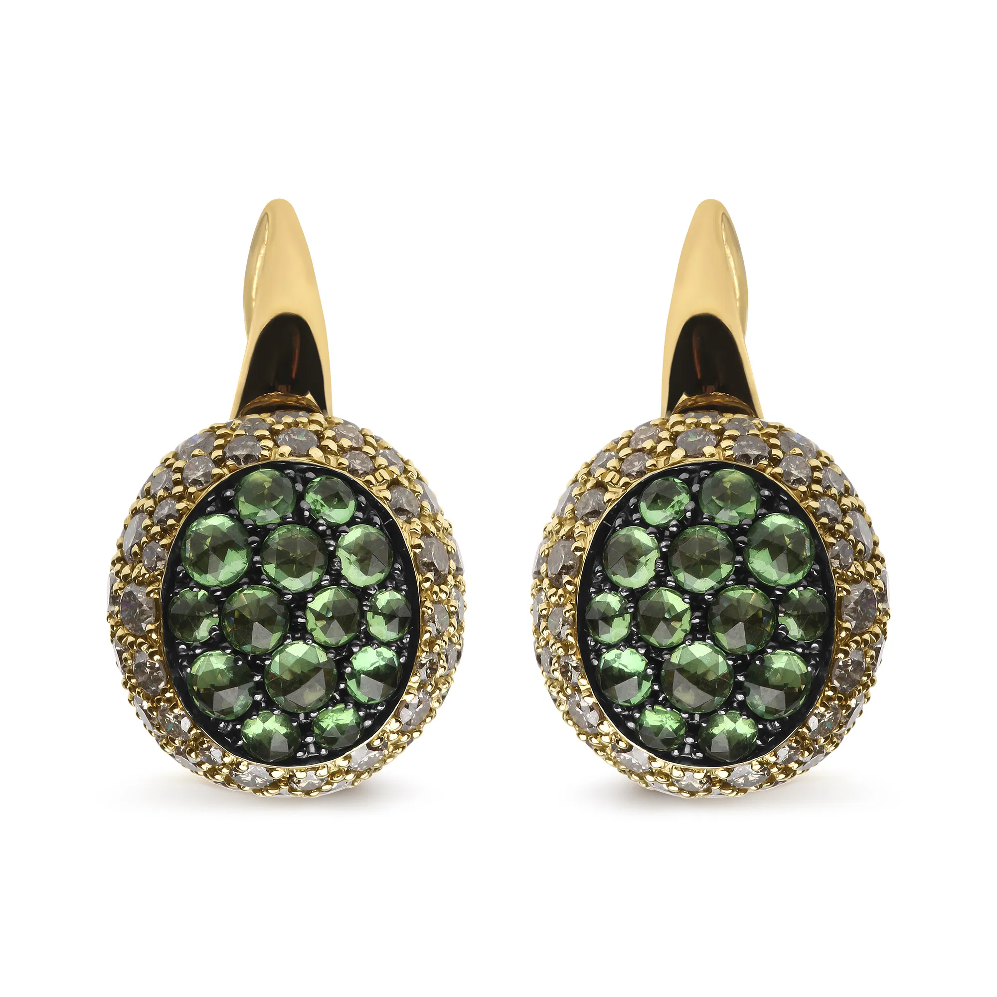18K Yellow Gold 3 1/2 Cttw Diamond and Round Green Tsavorite Gemstone Round Domed Drop Hoop Earrings (Brown Color, SI1-SI2 Clarity) - Grocery