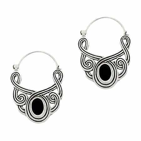 Antique Sterling Silver .925 Oval Genuine Onyx Stone Swirl Inlay Earrings - Grocery