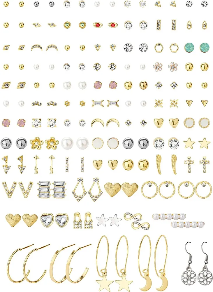 80 Pairs Assorted Stud Earrings for Women Set Cute Star Moon heart CZ Ball Faux Earring Studs Hoop Dangle Earring Pack Multiple Small Stud Earrings Set - Grocery