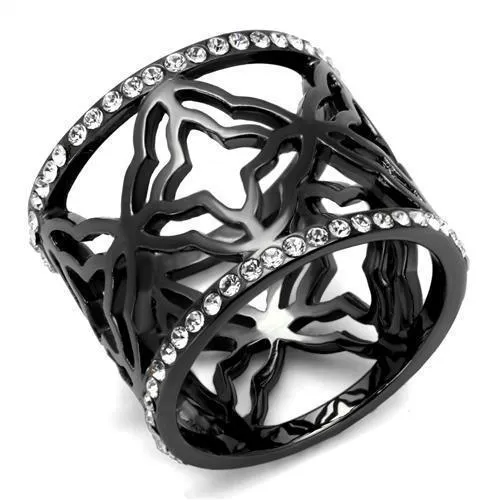 TK2909 - IP Light Black (IP Gun) Stainless Steel Ring with Top Grade Crystal in Clear - Grocery