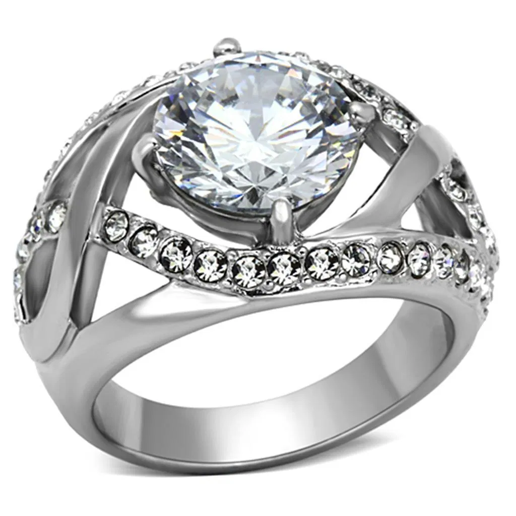 TK1176 - High polished (no plating) Stainless Steel Ring with AAA Grade CZ in Clear - Grocery