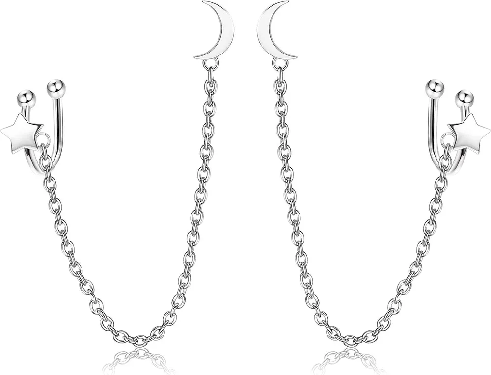 925 Sterling Silver Cuff Earrings Chain Studs for Women Heart/Cubic Zirconia/Moon Star Wrap Crawler Stud Earrings Cartilage Hypoallergenic Earrings - Grocery
