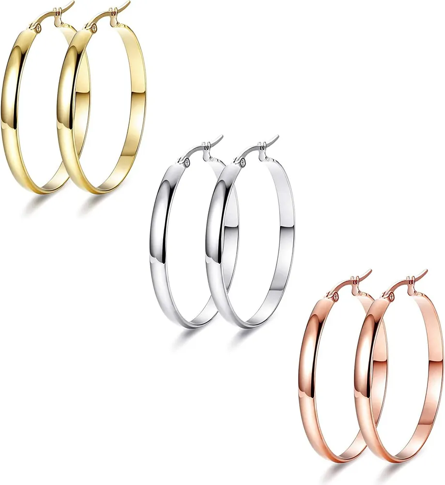 3 Pairs Clip On Hoop Earrings for Women Large Looped Earings Set 3 Colors in /Ear Rings Elegant Personalized Gift 40mm Ear Hoops - Grocery