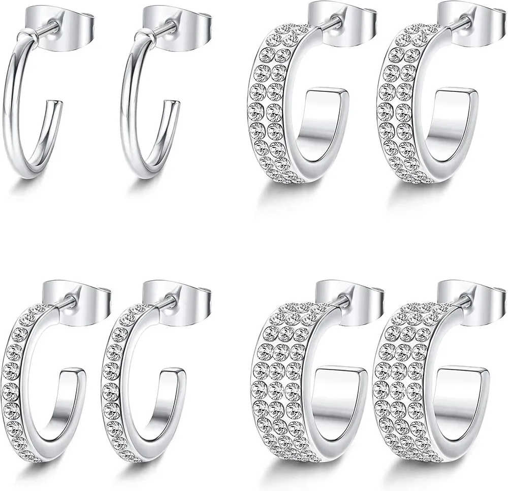 4 Pairs Gold Colored Chunky Open Hoops Earrings Cubic Zirconia Small Huggie Earrings Mini Cuff Loop Earrings Set for Women - Grocery