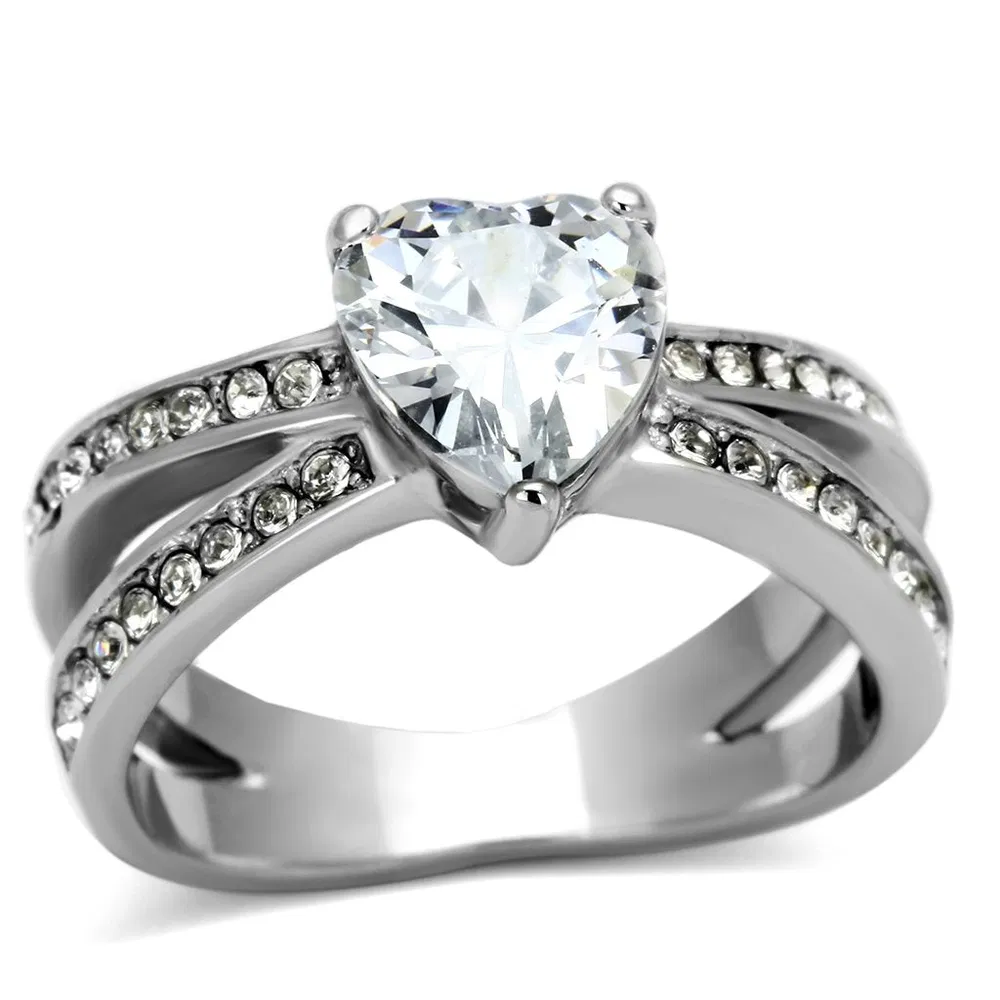 TK851 - High polished (no plating) Stainless Steel Ring with AAA Grade CZ in Clear - Grocery
