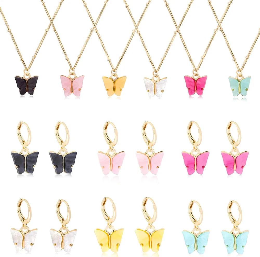6 Pairs Butterfly Earrings 6 Pcs Necklace Set for Women Colorful Acrylic Drop Earrings Cute Pendant Necklace Set - Grocery
