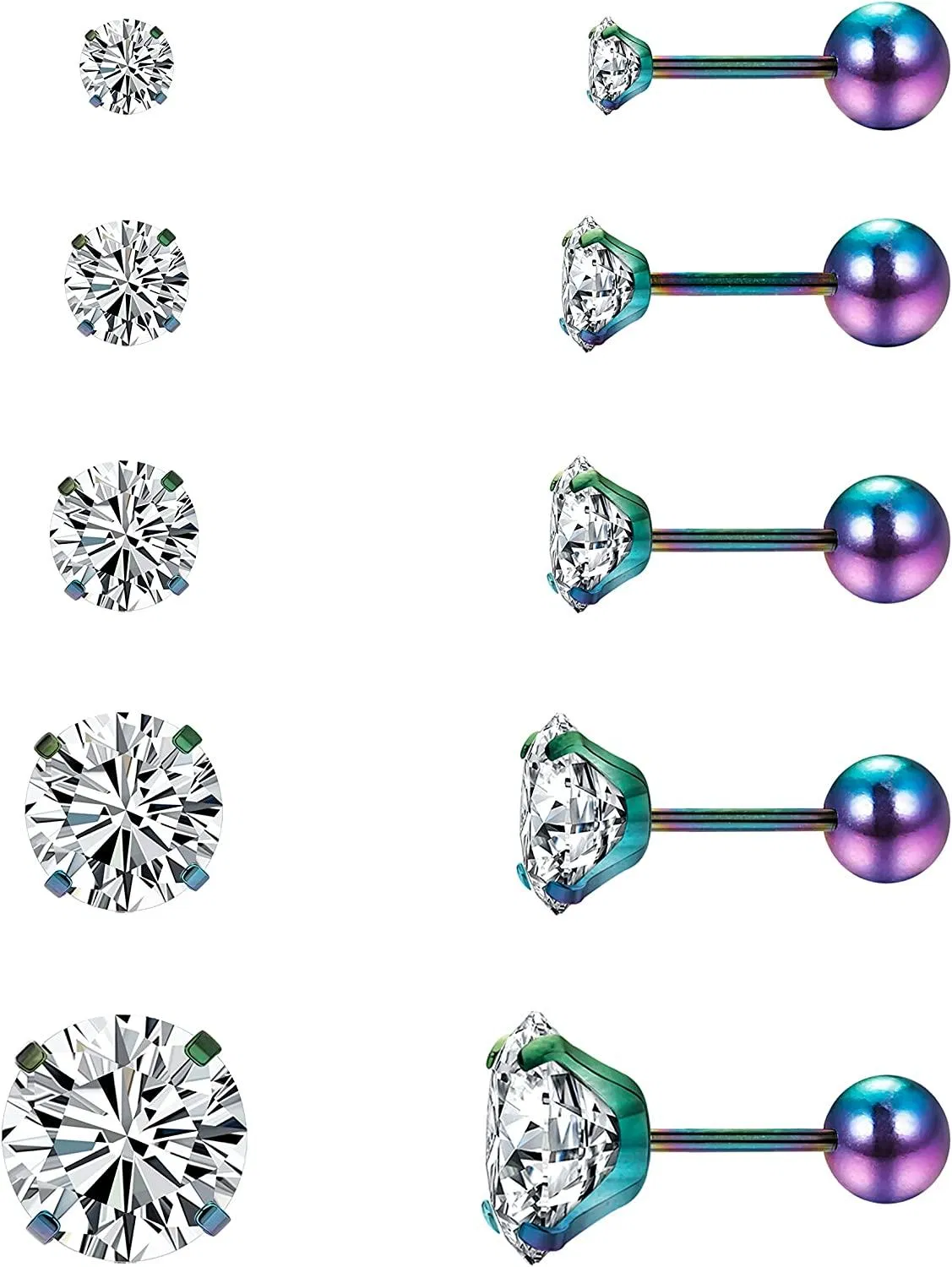 CZ Stud Earrings for Women Men 3-8MM Round Cubic Zirconia Earring Studs Surgical Cartilage Helix Tragus Stud Earring Set 5 Pairs - Grocery