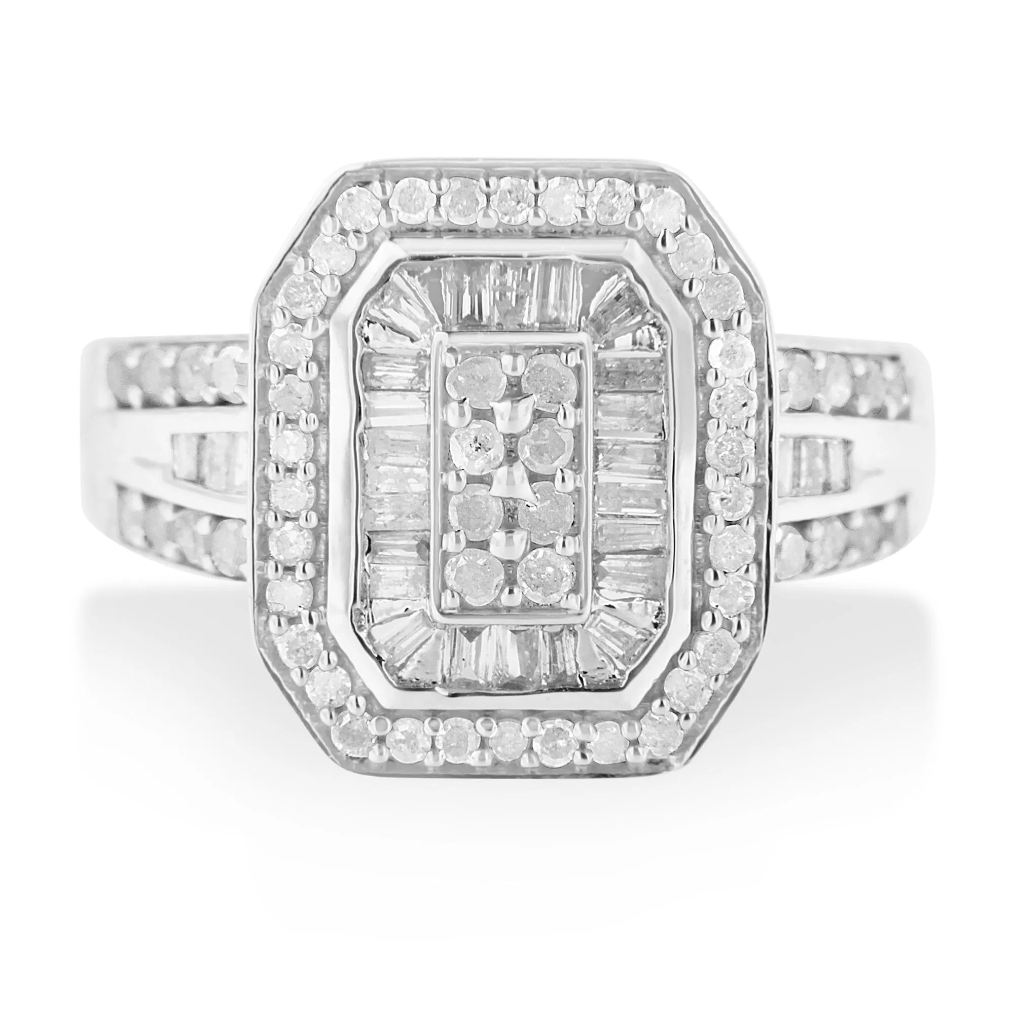 .925 Sterling Silver 1.0 Cttw Round and Baguette Cut Diamond Elongated Octagon Shaped Cocktail Ring (H-I Color, I2-I3 Clarity) - Grocery