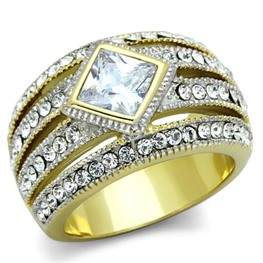 TK1551 - Two-Tone IP Gold (Ion Plating) Stainless Steel Ring with AAA Grade CZ in Clear - Grocery