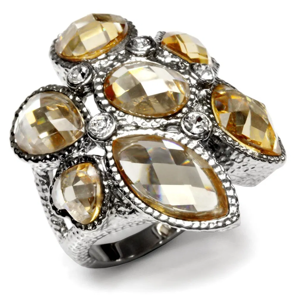 TK044 - High polished (no plating) Stainless Steel Ring with AAA Grade CZ in Champagne - Grocery