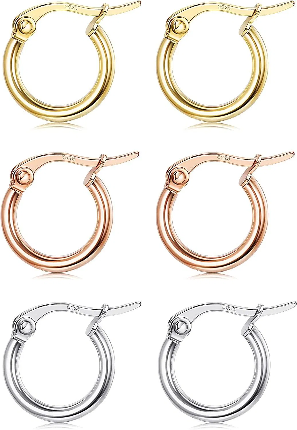 3Pairs 925 Sterling Small Hoop Earrings Lightweight Clasp Round Hoop Cartilage Earrings Set for Women 8MM 10MM 12MM - Grocery
