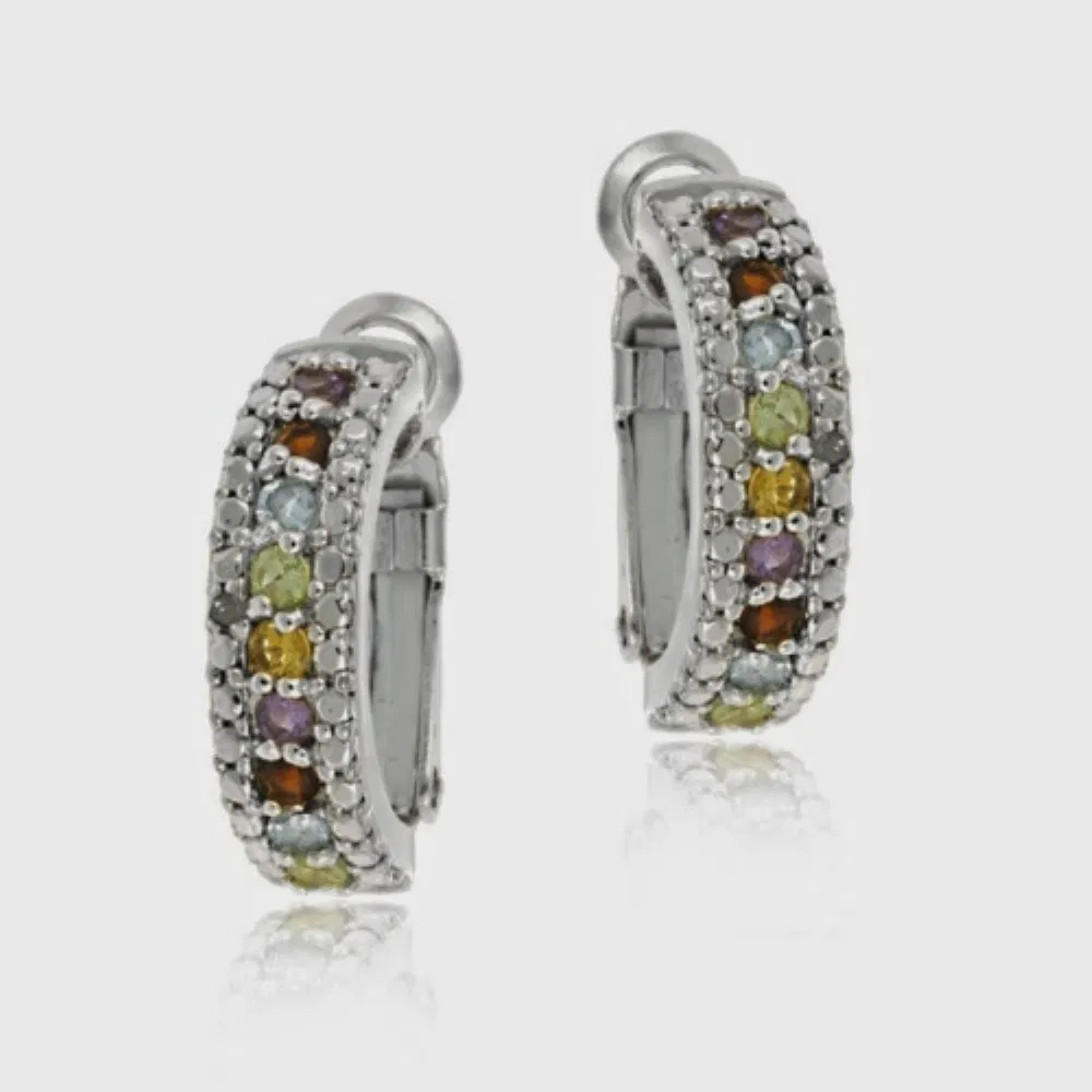Sterling Silver Multi Color Gemstone & Diamond Half Hoop Earrings - Grocery