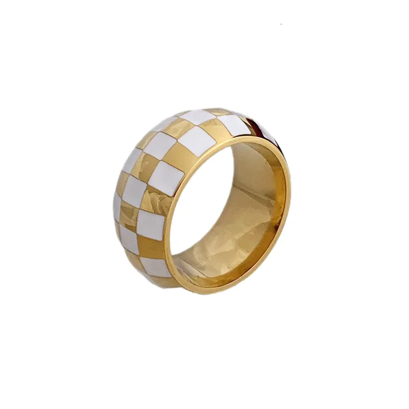 Gold White Checkered Wide Titanium Steel Gold Plated Ring Vintage Personality - Grocery