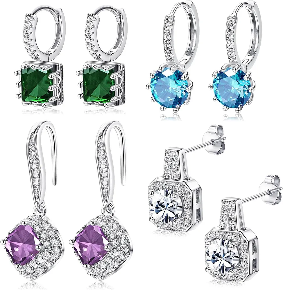 4Pairs Cubic Zirconia Stud Dangle Earrings Set for Women Square Round Purple Green Blue Hook Drop Earrings Set Wedding Engagement Earrings Colorful - Grocery