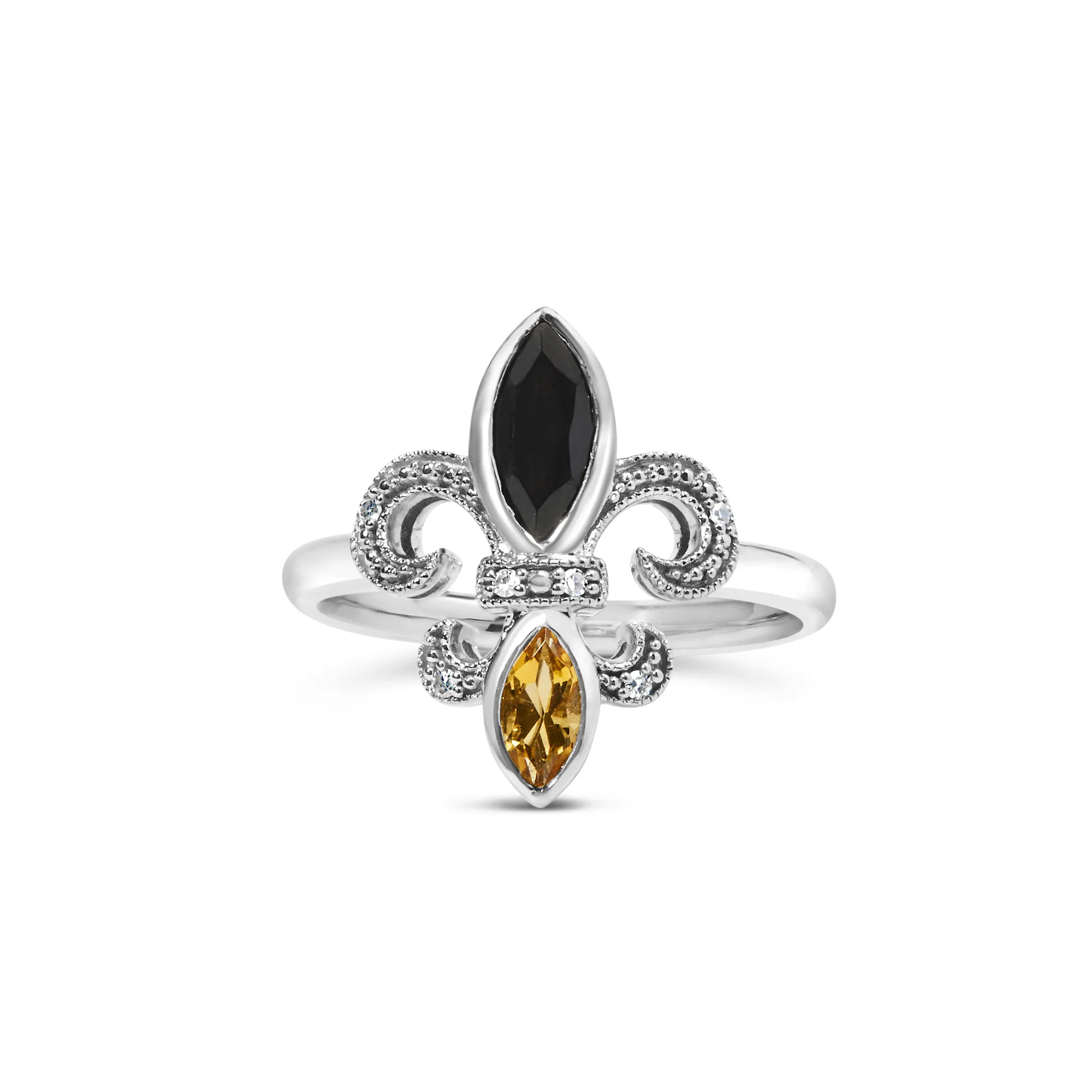 .925 Sterling Silver Black Onyx and Yellow Citrine Marquise and Diamond Accent Fleur De Lis Ring (H-I Color, SI1-SI2 Clarity) - Grocery