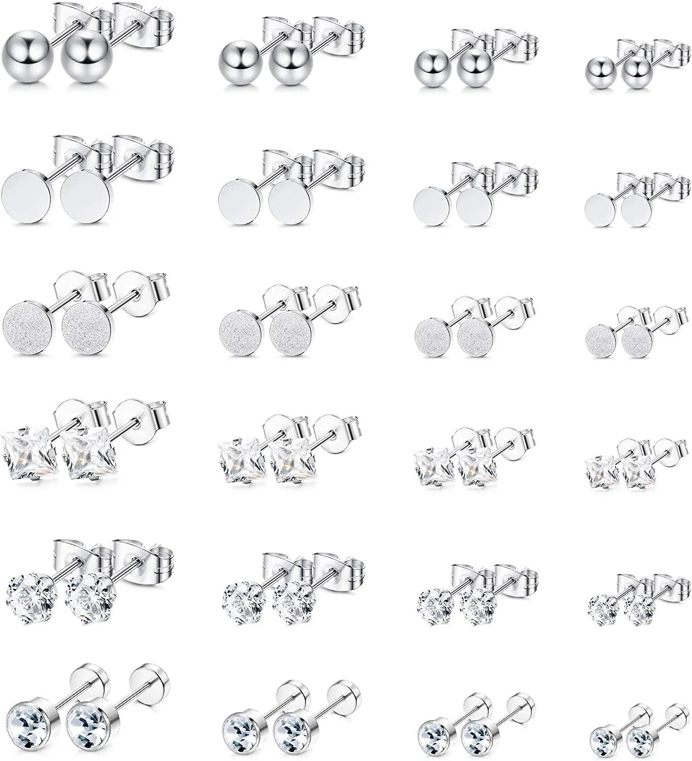 12-24 Pairs Stainless Black Stud Earrings for Men Women Ball CZ Earrings Cartilage Piercings Set Silver - Grocery
