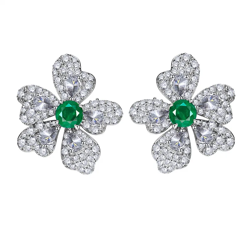 Artificial Emerald Flower Earrings 925 Silver Plated - Grocery