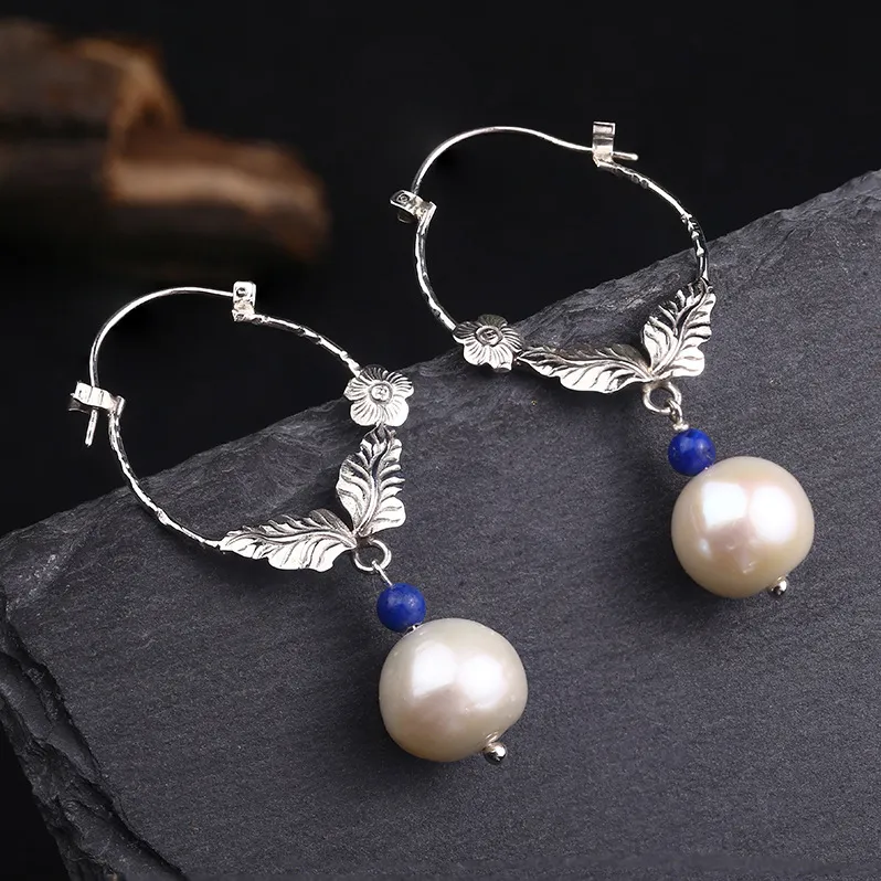 S925 Sterling Silver Long Pearl Earrings Female Ethnic Style Tassel Round Pearl Earrings - Grocery