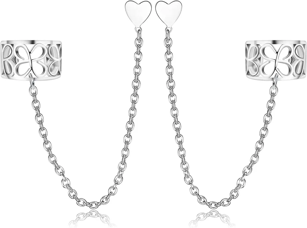 925 Sterling Cuff Earrings Chain Studs for Women Heart CZ Moon&Star Ball Wrap Crawler Stud Earrings Dainty Cartilage Hypoallergenic Earrings - Grocery