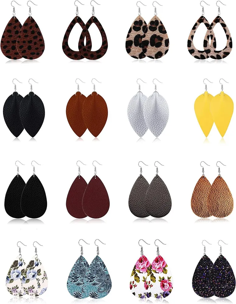 16 Pairs Leather Earrings for Women Teardrop Leaf Dangle Earring Lightweight Petal Earring Leopard Print Sequin Earring - Grocery