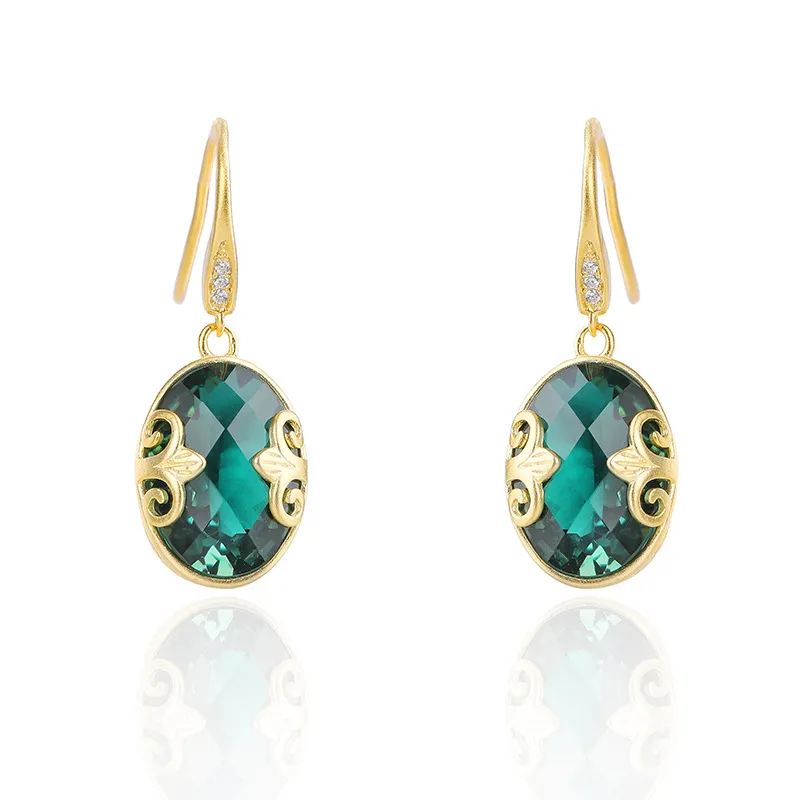 S925 Silver Green Crystal Earrings Female Electroplating Gold Moire Earrings Ancient Gold - Grocery