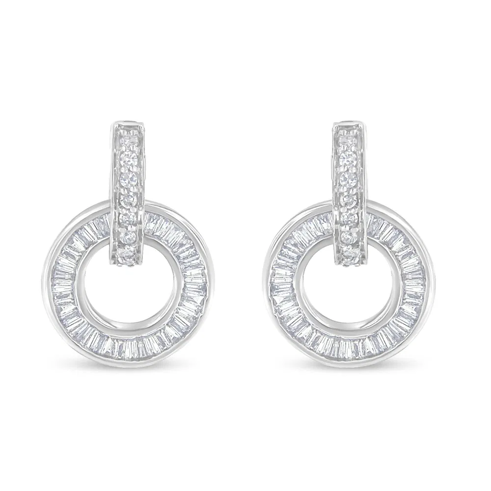 14k White Gold Round and Baguette Cut Diamond Earrings (1 cttw, G-H Color, SI1-SI2 Clarity) - Grocery