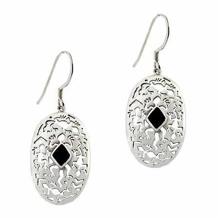 Sterling Silver Onyx Stone Filigree Oval Dangle Earrings - Grocery