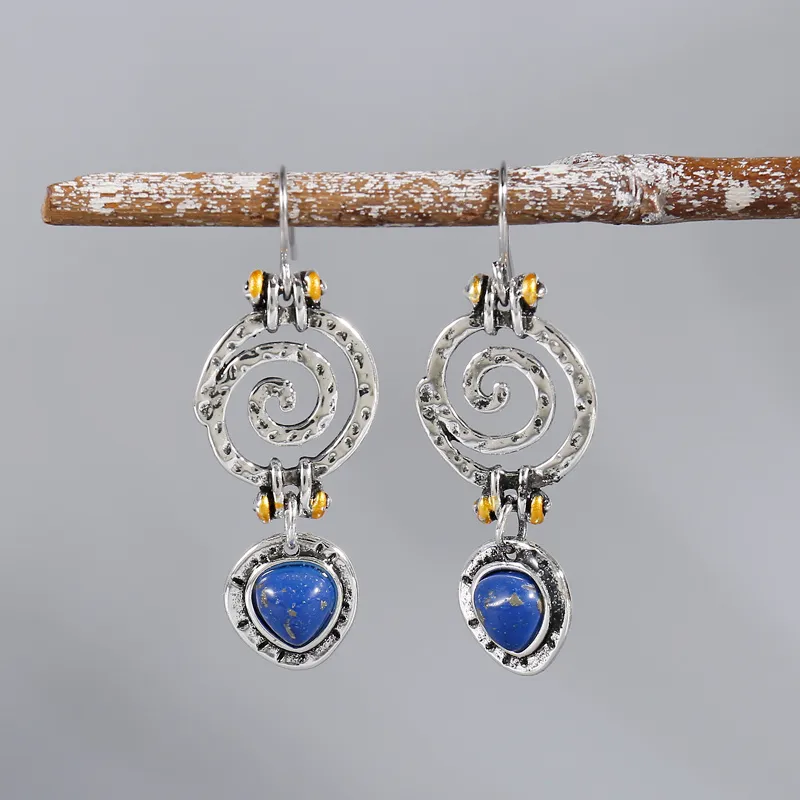 Boho Dangle Earrings Blue Spiral Hollow Stone Antique Tribal Jewelry Women Ethnic Earrings Swirl Antique Silver Color - Grocery
