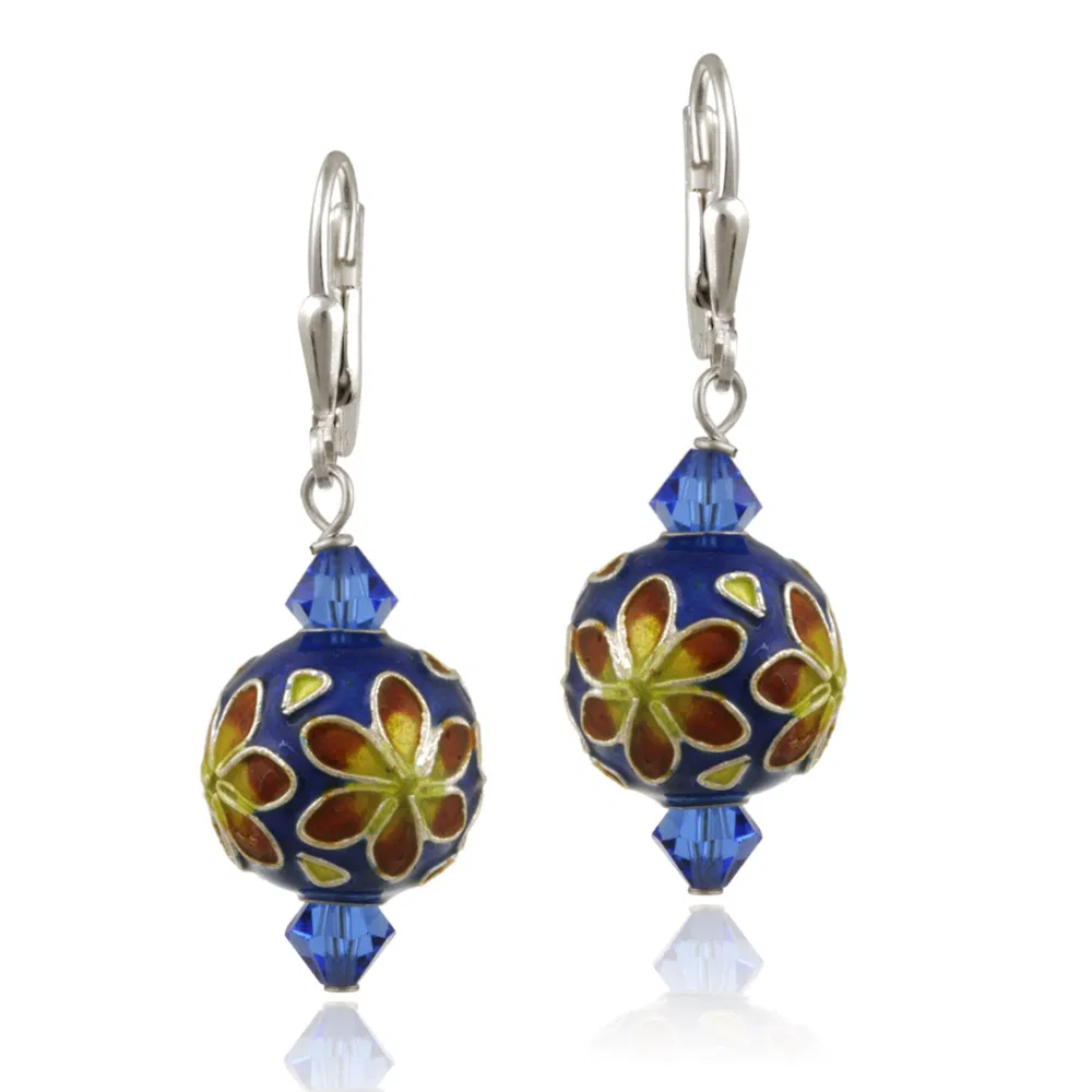 Sterling Silver Swarovski Elements & Blue Cloisonne Round Bead Dangle Earrings - Grocery