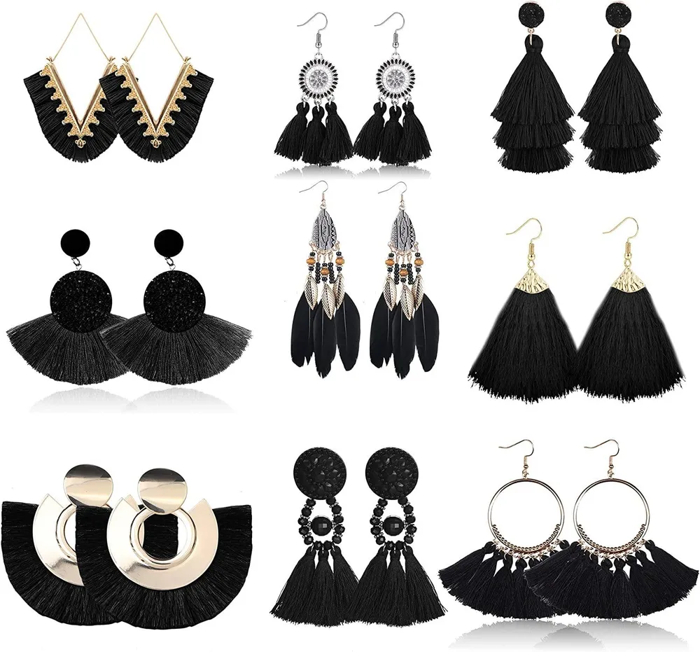 9 Pairs Dangle Tassel Earrings Layered Long Thread Feather Bohemian Drop Earrings Fringe Hoop Earrings Set Fashion for Women - Grocery