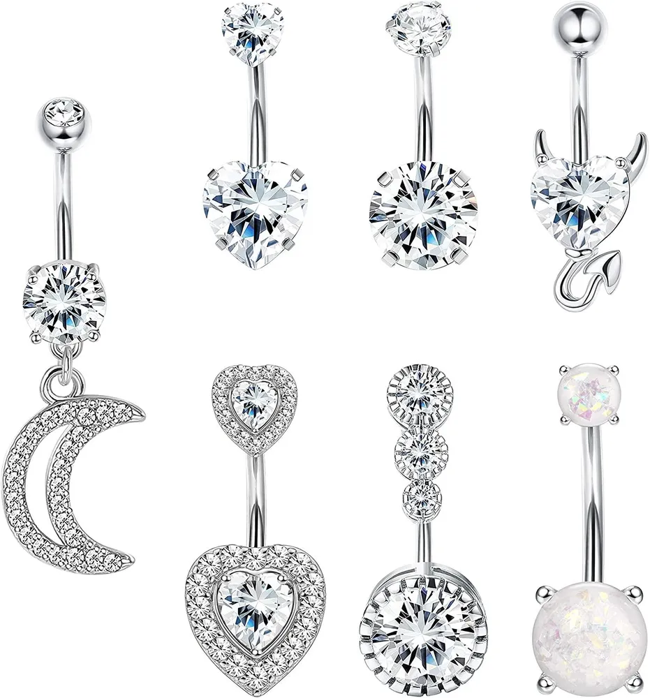 7PCS 14G Belly Button Rings Belly Rings for Women Surgical Navel Rings Cute Opal Pearl Diamond Reserve Belly Button Rings Set Body Piercing Jewelry - Grocery