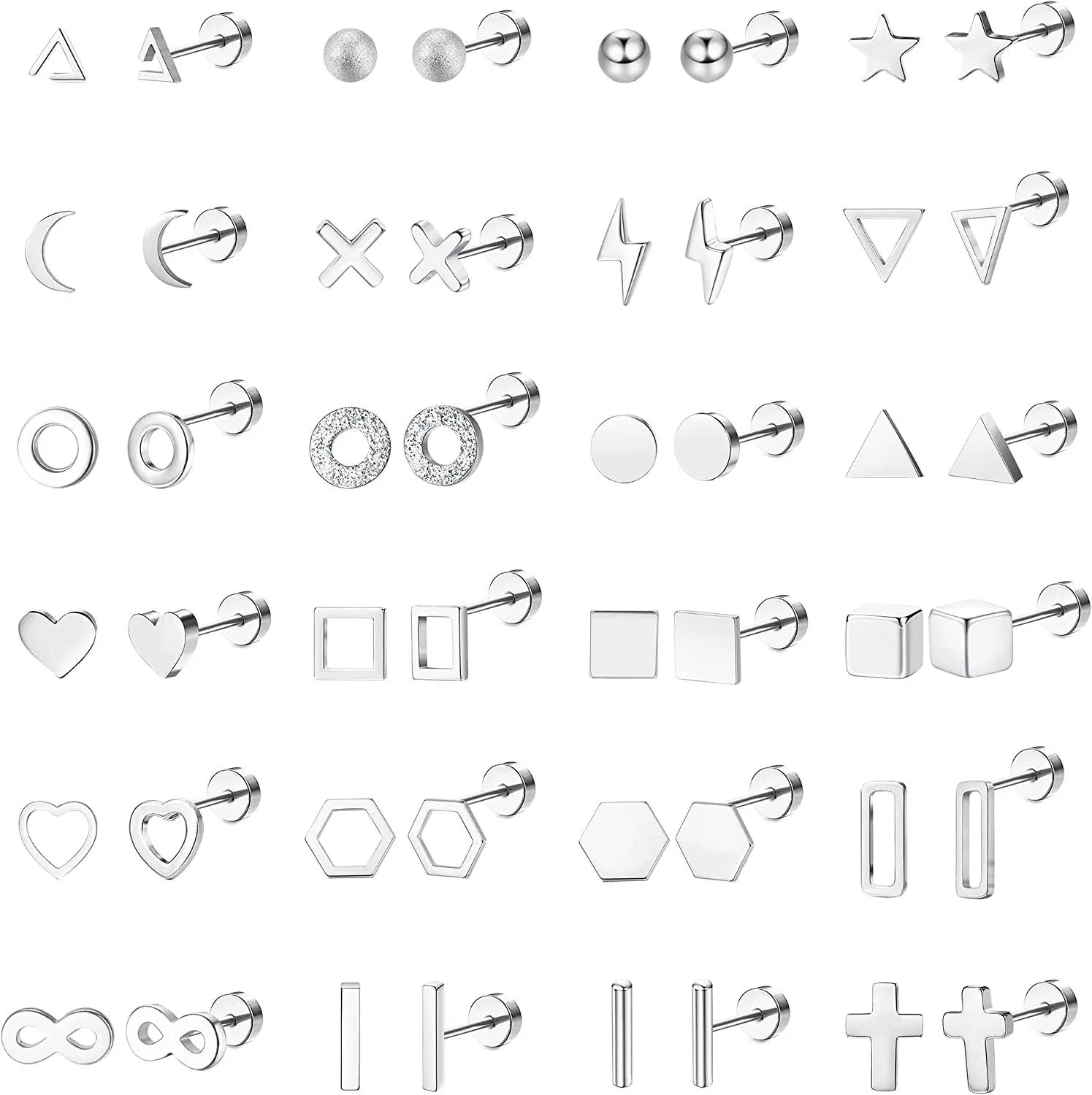 24Pairs 20G Hypoallergenic Stud Earring For Women Men Cubic Zirconia 316L Stainless Steel Earring Studs Cartilage Earring Stud Set - Grocery