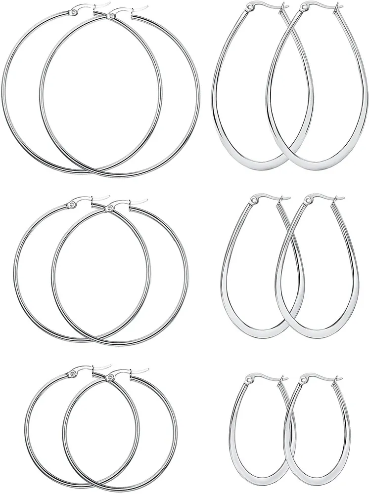 6 Pairs Stainless Steel Hoop Earrings Set for Women 40-70mm - Grocery