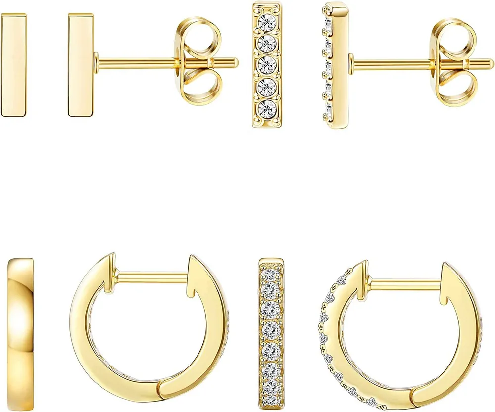 4 Pairs Small Hoop Huggie Cuff Earrings for Women Minimalist Dainty Mini Bar Stud Earrings Gold Silver CZ Ear Piercing Set - Grocery
