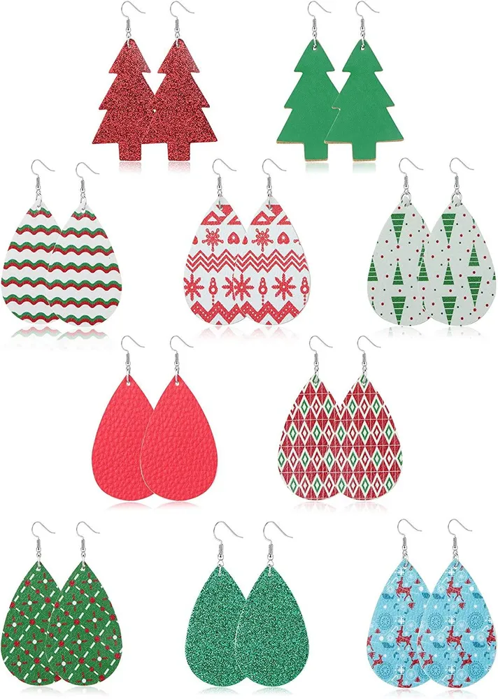 10 Pairs Christmas Leather Earrings Teardrop Tree Drop Earrings for Women Holiday Lightweight Statement Dangle Earrings Set Xmas Party - Grocery