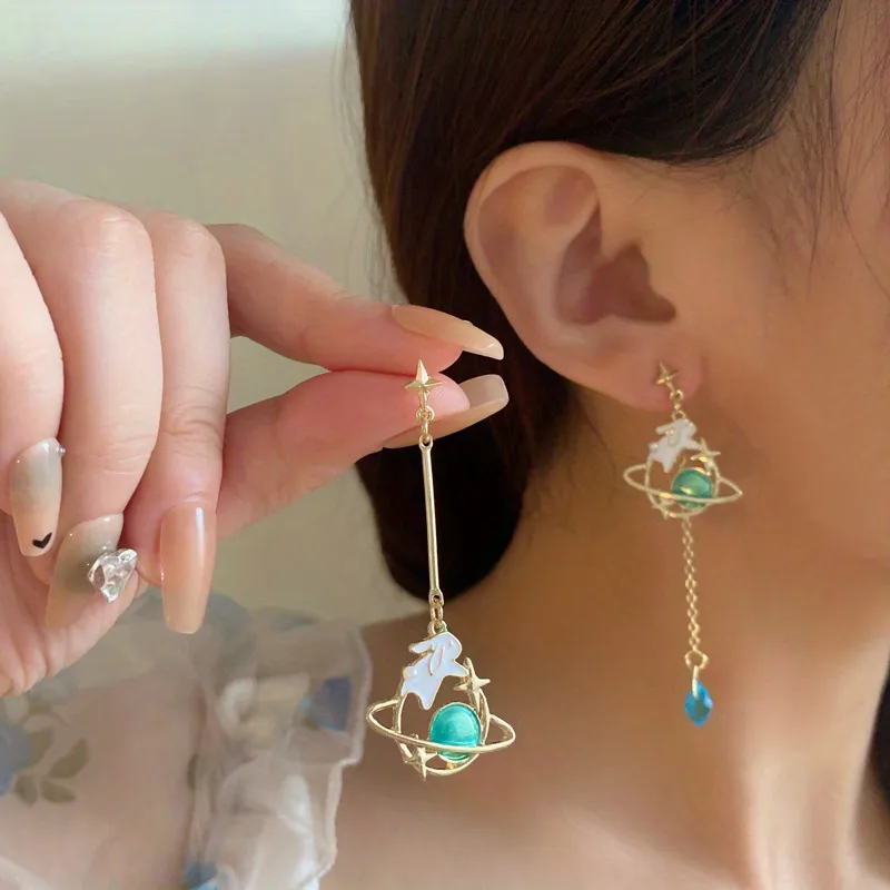 Cute Rabbit Bunny Planet Design With Long Chain Asymmetric Earrings Elegant Cute Style Alloy 18K Gold Plated Jewelry Female Gift - Grocery