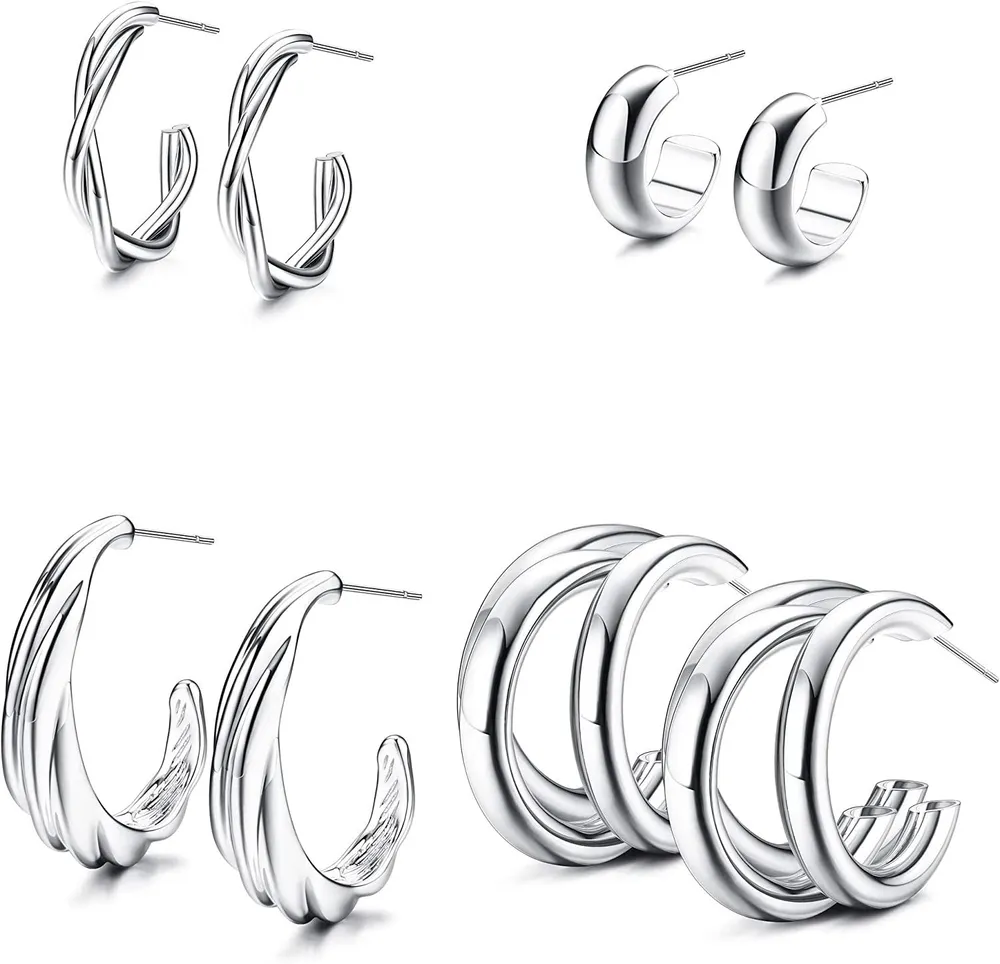 4 Pairs Gold Hoop Earrings for Women 14K Gold Plated Thick Chunky Open Hoops Lightweight Twisted Earring Set - Grocery