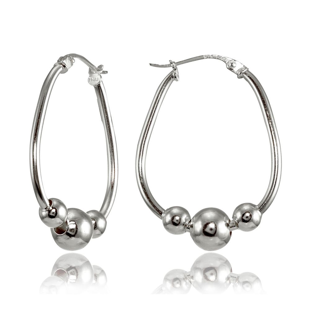 Sterling Silver Polished Beaded 18mm Hoop Earrings - Grocery