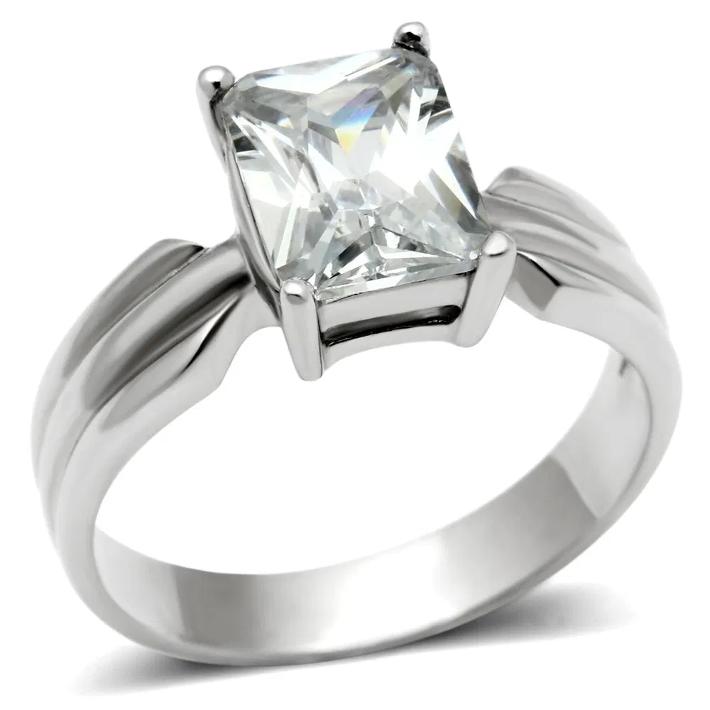 TK391 - High polished (no plating) Stainless Steel Ring with AAA Grade CZ in Clear - Grocery